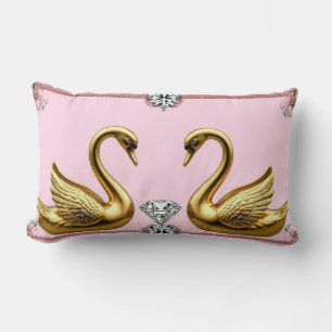 Cojín Lumbar Par de cisnes dorados con corazón rosa y diamante 