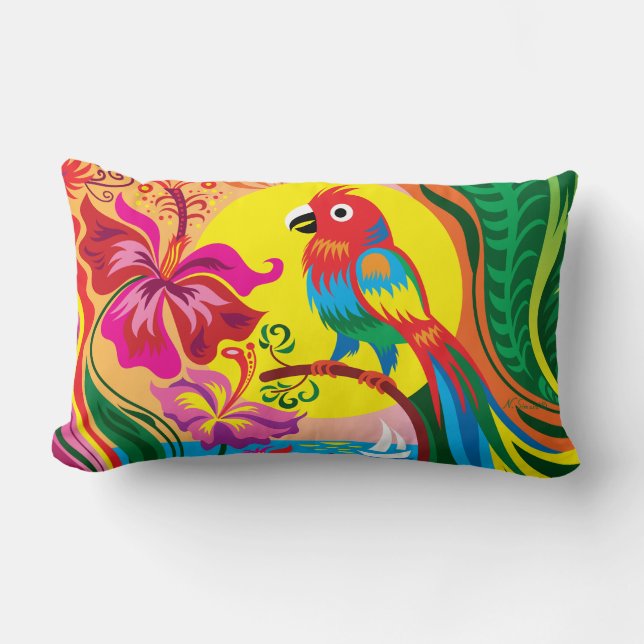 Cojín Lumbar Paraíso de Loros Tropicales (Anverso)