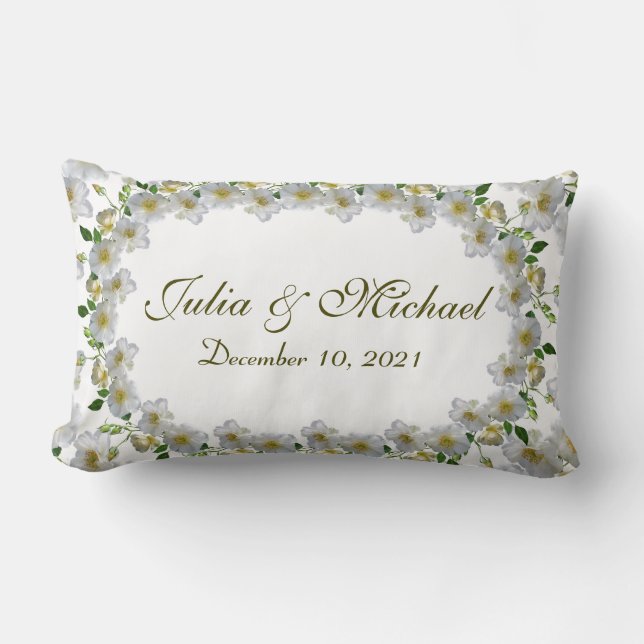 Cojín Lumbar Pareja Boda Regalo Rosas Blancas Verdor (Anverso)