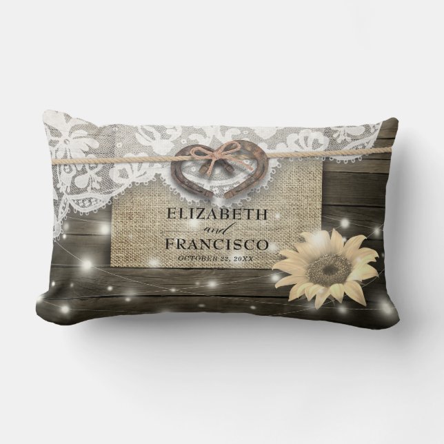 Cojín Lumbar Pareja Horseshoe Heart Lace Sunflower Wood Boda (Anverso)