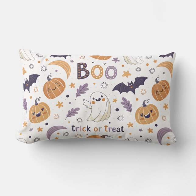 Cojín Lumbar Pastel Halloween Throw Pillow – Cute Ghosts & Pump (Anverso)