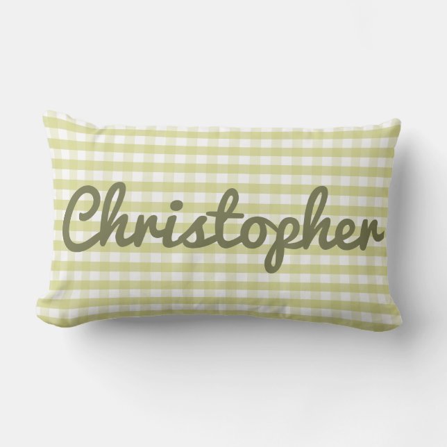 Cojín Lumbar Pastel Nursery Green Gingham con nombre (Anverso)