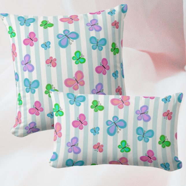 Cojín Lumbar Pastel Quilty Butterflies on Blue White Stripe (Colorful butterflies!)