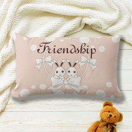 Cojín Lumbar Pastel Rosa Lazo Blanco Conejito Gemelo Niños