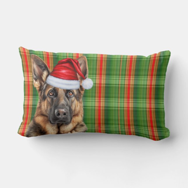Cojín Lumbar Pastor Alemán de Navidad Plaid Rojo Verde Feriado (Reverso )