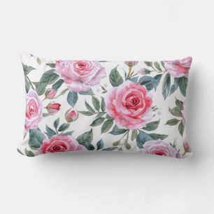 Cojín Lumbar Patrón acuarela cottagecore floral rosa pink