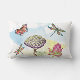 Cojín Lumbar Patrón acuarela de libélulas y mariposas