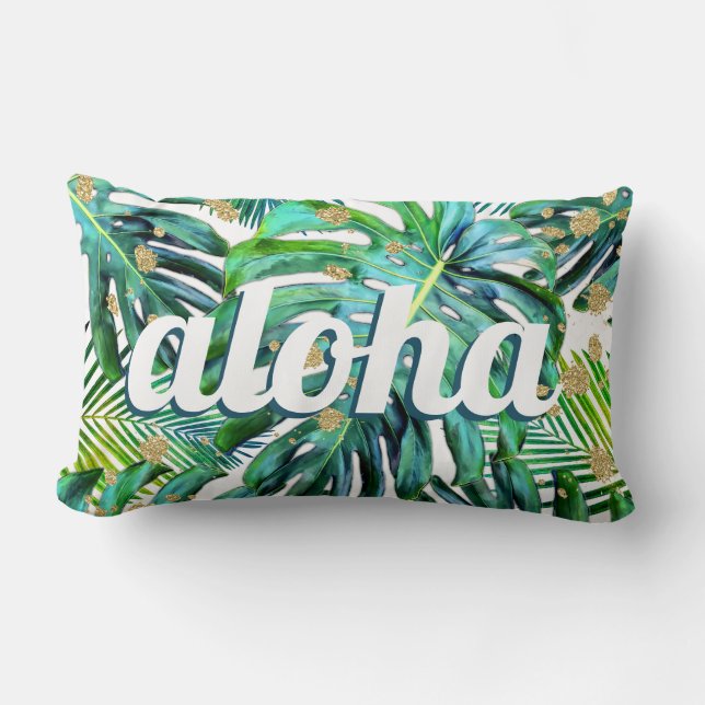 Cojín Lumbar Patrón Aloha de hojas tropicales Monstera Hawaii B (Anverso)