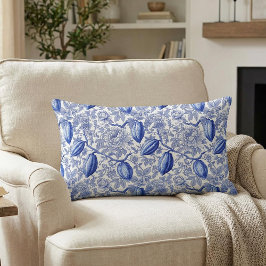 Cojín Lumbar Patrón Botánico Chic de Toile Azul Único en Cocoa