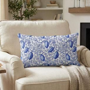 Cojín Lumbar Patrón Botánico Chic de Toile Azul Único en Cocoa