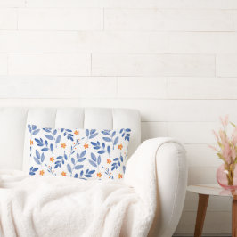 Cojín Lumbar Patrón botánico índigo y Naranja acuarela