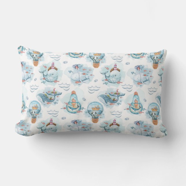Cojín Lumbar Patrón de acuarela de ballenas náuticas (Anverso)