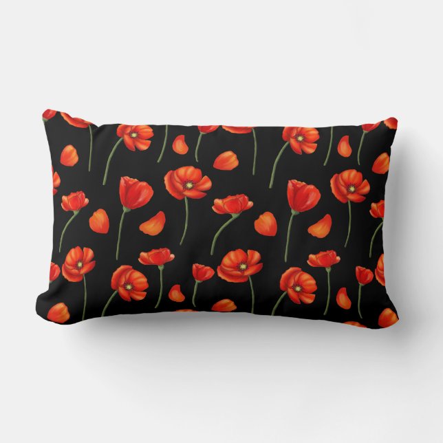 Cojín Lumbar patrón de amapola negro (Anverso)