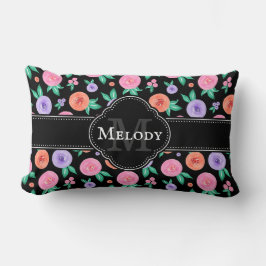 Cojín Lumbar Patrón de color de agua rosa/púrpura en negro