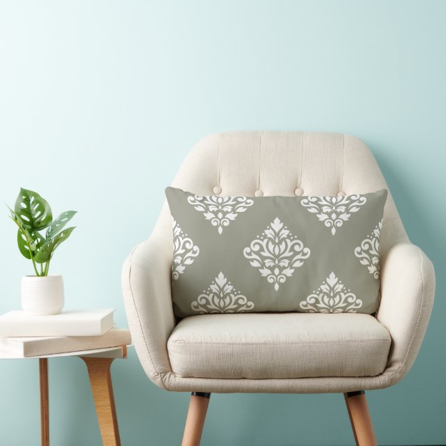 Cojín Lumbar Patrón de Damasco con Volutas (B) Blanco sobre Ver (Silla)