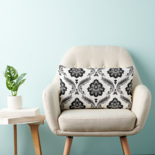 Cojín Lumbar Patrón de Damasco Rococó Gris Negro Blanco
