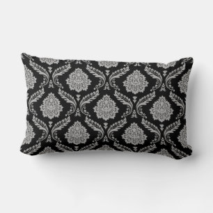 Cojín Lumbar Patrón de Damasco Rococó Gris sobre Negro
