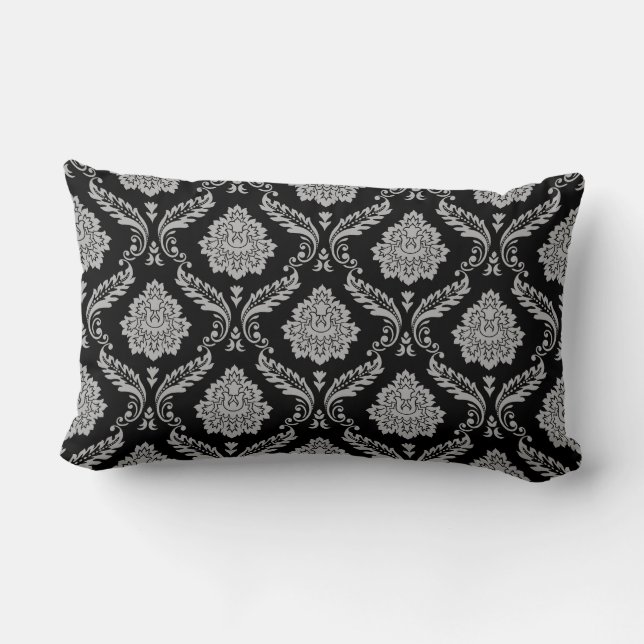 Cojín Lumbar Patrón de Damasco Rococó Gris sobre Negro (Reverso )