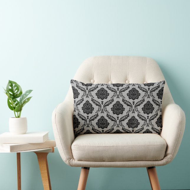 Cojín Lumbar Patrón de Damasco Rococó Negro sobre Gris (Silla)