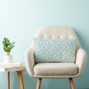 Cojín Lumbar Patrón de Damasco Teal con Volutas