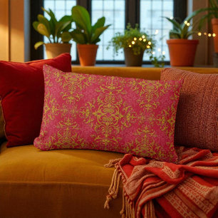 Cojín Lumbar Patrón de estilo de Damasco profundo rosa y dorado