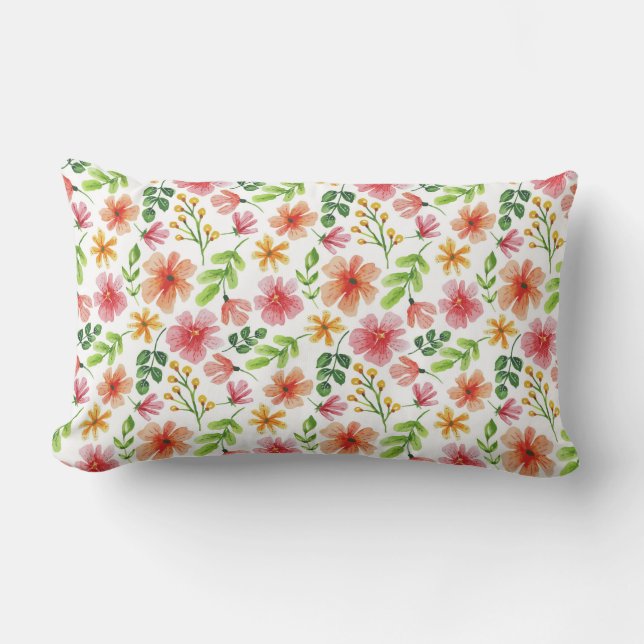 Cojín Lumbar Patrón de flores rosadas acuarela-69677 (Anverso)