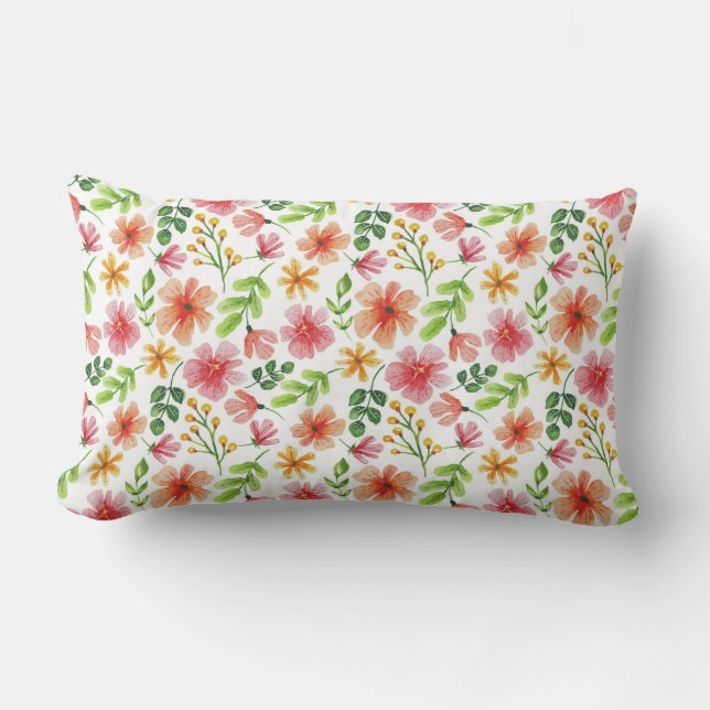 Cojín Lumbar Patrón de flores rosadas en acuarela (Anverso)