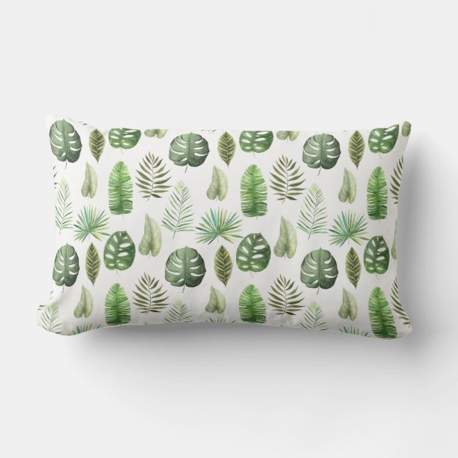 Cojín Lumbar Patrón de hoja tropical de color agua (Anverso)