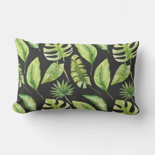 Cojín Lumbar Patrón de hojas tropicales verdes negro botánico