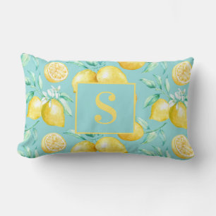 Cojín Lumbar Patrón de limón amarillo lindo en monograma azul c