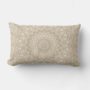 Cojín Lumbar Patrón de Mandala Ornamental Caqui y Blanco