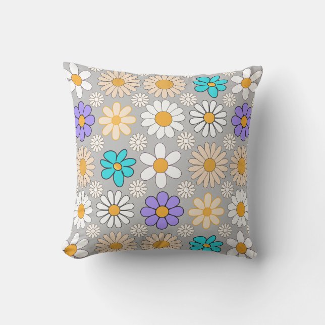 Cojín Lumbar Patrón de margarita retro simple.01. Gray BG (Anverso)
