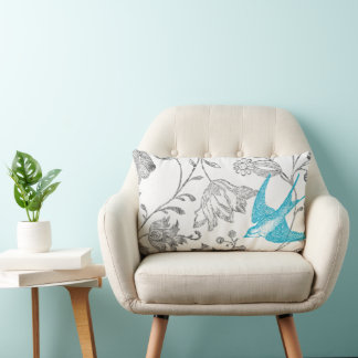 Cojín Lumbar Patrón de pájaro floral moderno Aqua y Grey Vintag