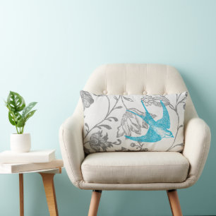 Cojín Lumbar Patrón de pájaro floral moderno vintage de aqua y