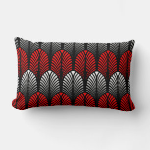 Cojín Lumbar Patrón de pluma Art Deco, gris plateado y rojo