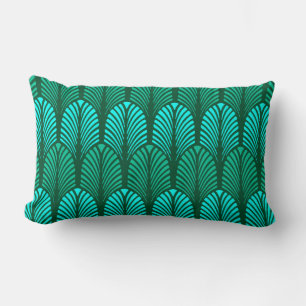 Cojín Lumbar Patrón de plumas Art Déco, turquesa y acuático