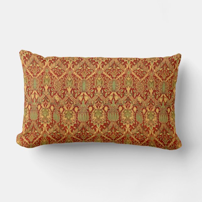 Cojín Lumbar Patrón de William Morris rojo Turquesa dorado (Anverso)