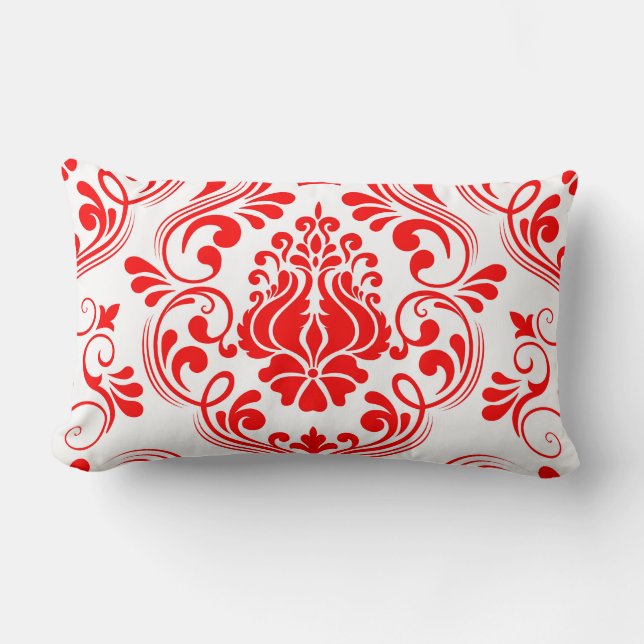 Cojín Lumbar Patrón elegante floral de Damasco rojo y blanco (Anverso)