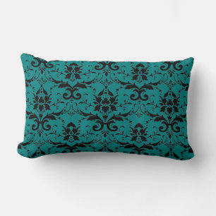 Cojín Lumbar Patrón elegante Verde azulado y negro de damasco