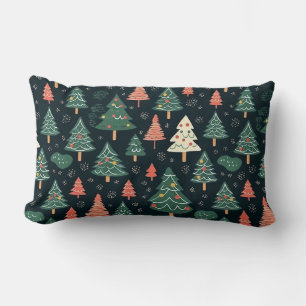 Cojín Lumbar Patrón festivo de árbol de Navidad verde y coral