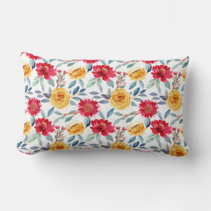 Cojín Lumbar Patrón floral alegre de acuarela en rosa amarilla