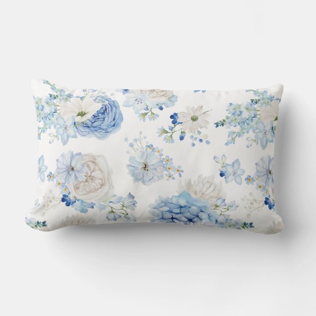 Cojín Lumbar Patrón floral azul blanco (Anverso)