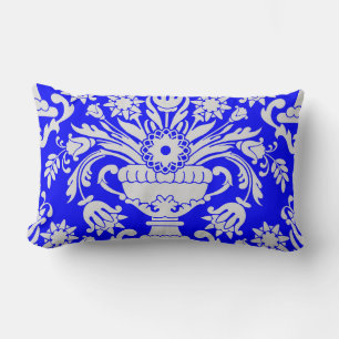 Cojín Lumbar Patrón floral de Damasco azul y blanco elegante