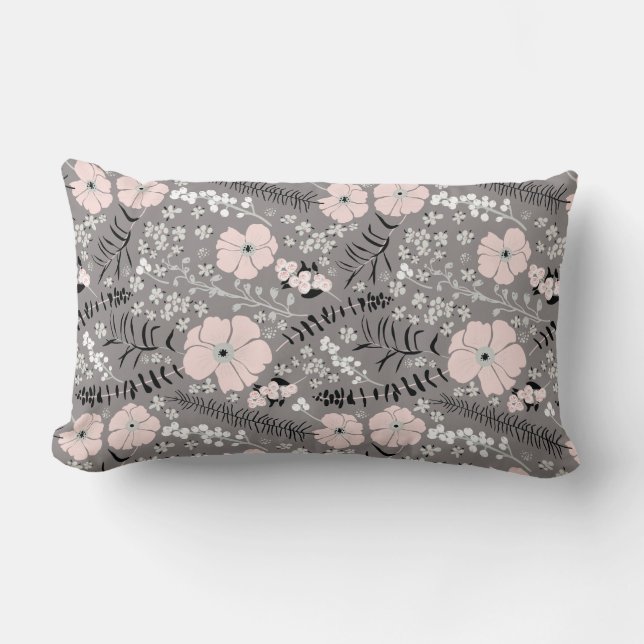 Cojín Lumbar Patrón floral dulce gris rosa blanco sinusal (Anverso)
