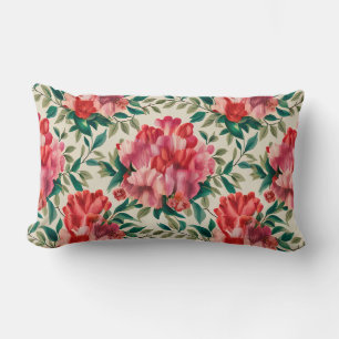 Cojín Lumbar Patrón floral elegante con flores rojas y rosas