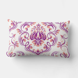 Cojín Lumbar Patrón floral Peach y Purple Damask Elegante