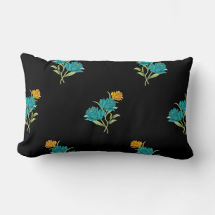 Cojín Lumbar Patrón Floral Turquesa Coral Verde sobre Negro