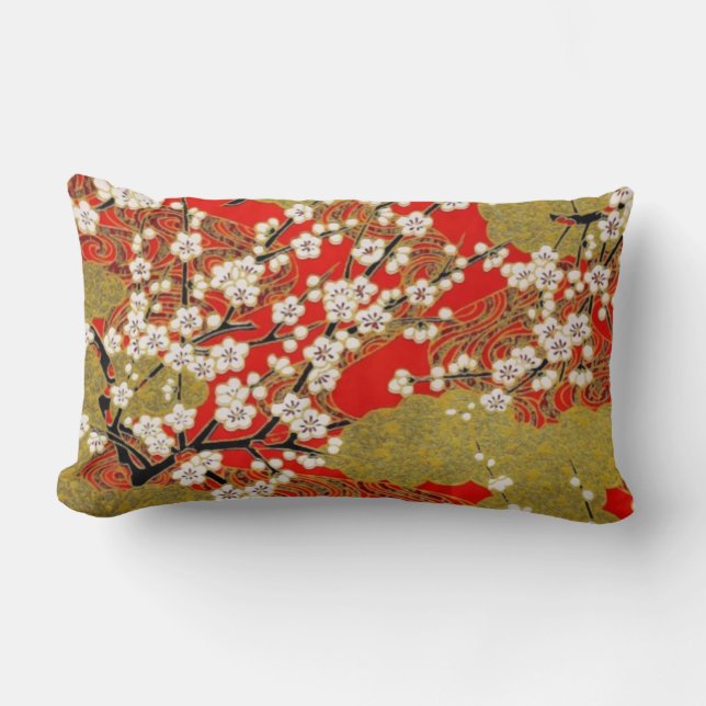 Cojín Lumbar Patrón japonés blanco Sakura fino vintage (Anverso)