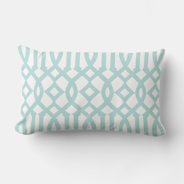 Cojín Lumbar Patrón moderno de trébol blanco y Aqua Trellis (Anverso)