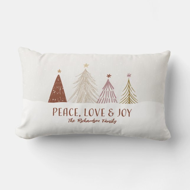 Cojín Lumbar Peace Love & Joy Christmas Trees Holiday Family (Anverso)